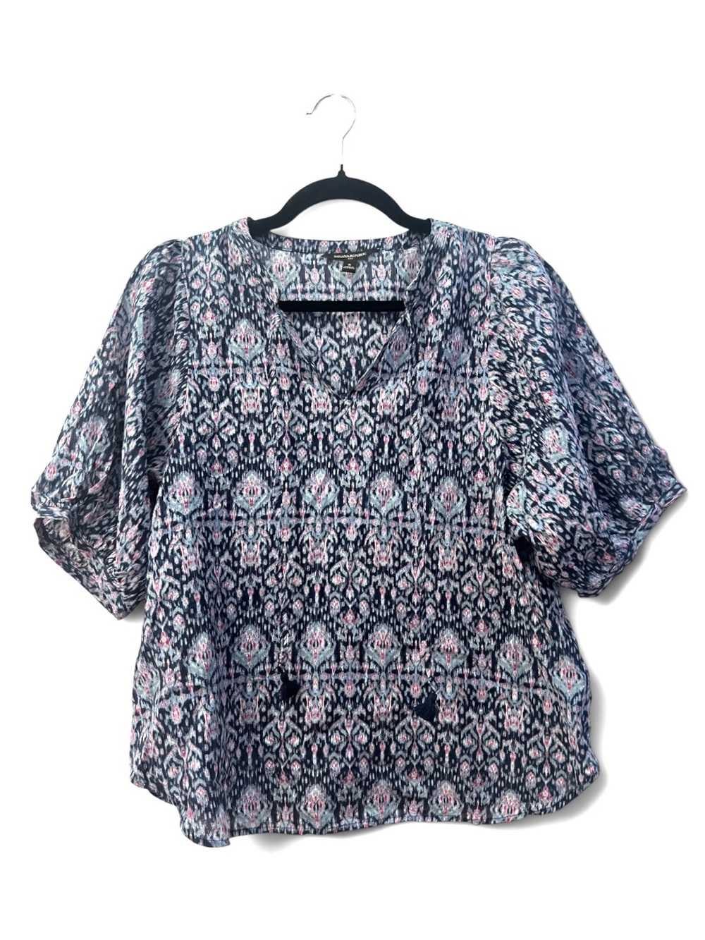 Banana Republic Navy & Pink Ikat Print Puff Sleeve Top V-Neck 100% Cotton Size S